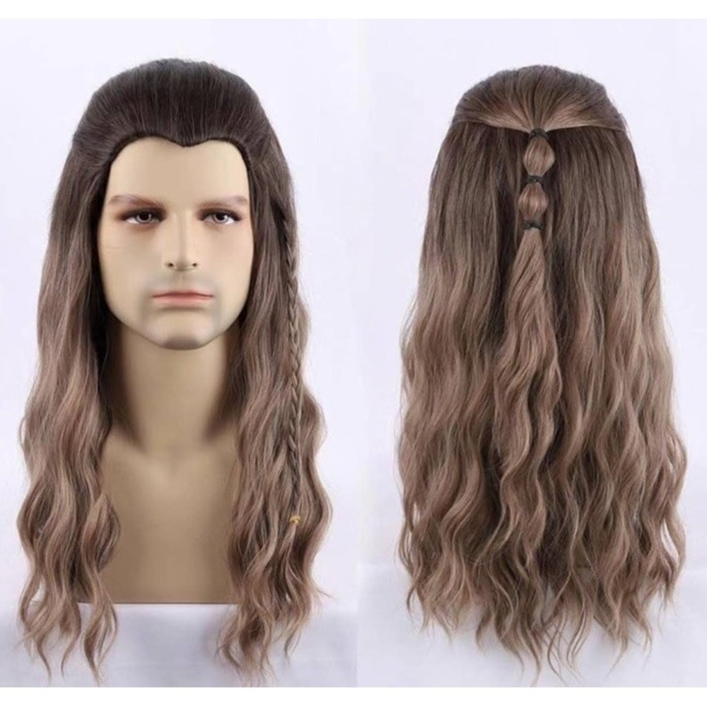 Long Curly Wigs for Men Thor Endgame Heat Resistant Synthetic Wig Brown Mixed